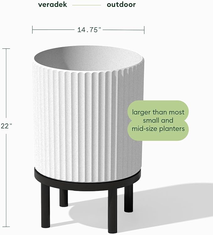 Veradek Demi Series Round Planter w/ Stand for Porch/Patio | Durable Plastic-Concrete & Wooden Stand | Modern Décor for Tall Plants, Flowers