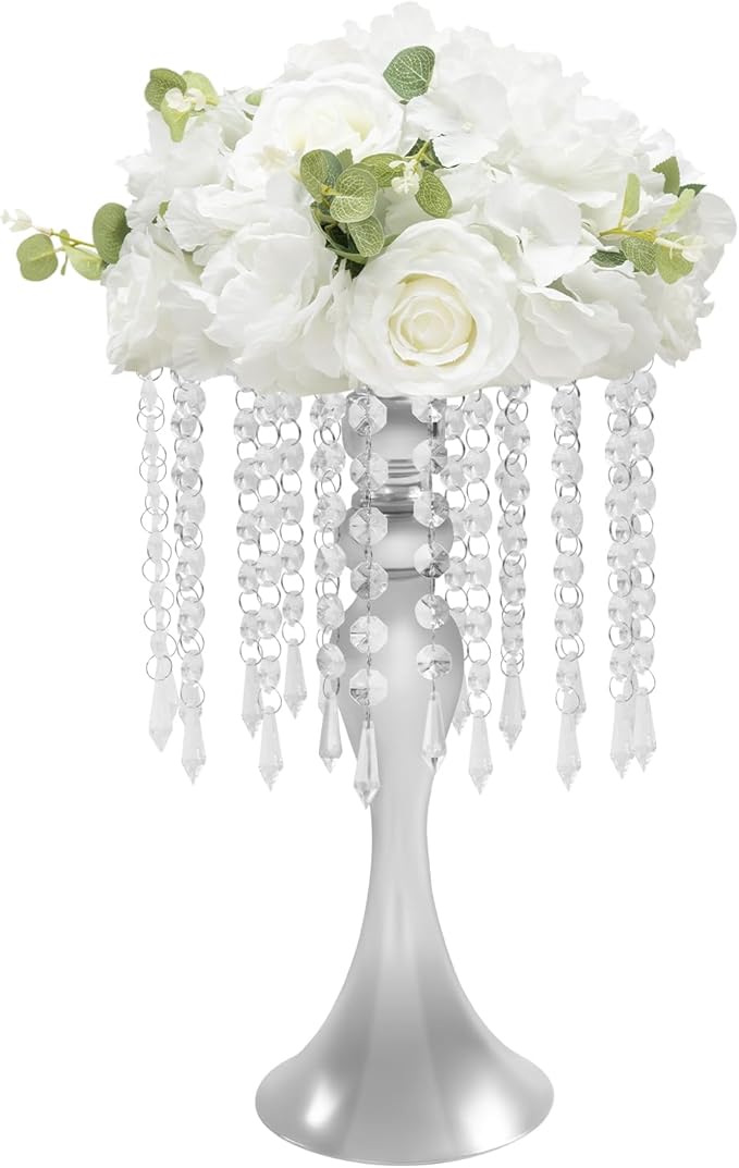 10 Pcs Glam Crystal Flower Stands, Wedding Reception Decorations with Sparkling Crystal Beads Table Center Display Flower Arrangement Flower Stand Metal Vase for Event Decor (Silver, Height:13.77in)