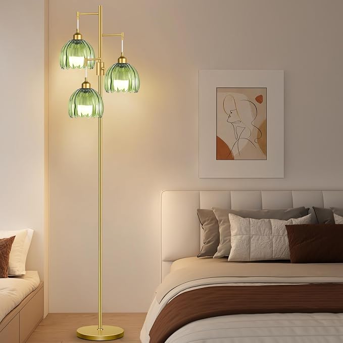 ZECOXOL Dimmable Floor Lamps for Living Room-3 Light Gold Floor Lamp with Three Bulbs & Glass Lampshape, Mid Century Modern Standing Lamp Tree Tall Flower Floor Lamp for Bedroom Living Room,Corner