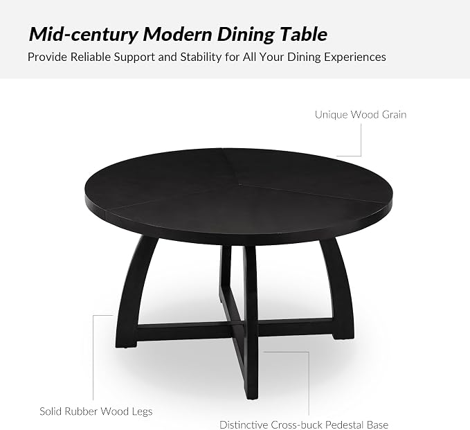 HULALA HOME 54 inch Round Dining Table for 6 People，Mid-Century Modern Solid Wood Circle Dinner Tables for Small Spaces Dining Room Living Room Kitchen, Black