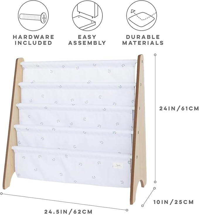 3 Sprouts Recycled Fabric Kids Bookshelf – 4-Tier Sling Book Rack Organizer - Nursery Room Playroom Classroom Wooden Book Shelves - Kid Bookcase Wood Storage Shelf for Toddler Age 3+ - Blueberry Ivory