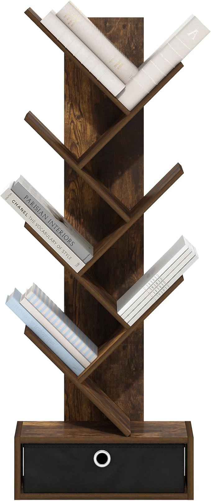 Furinno Tree Book Shelf, 7-Tier Bookshelf, Tree Bookcase with Bin Drawer, 8.4 x 16.9 x 46.2, for Living Room, Bedroom, Home Office, Amber Pine/Black