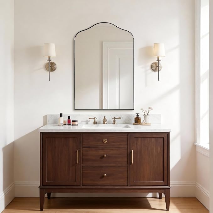 ANDY STAR Scalloped Arched Mirror, 26x38 Brushed Nickel Irregular Bathroom Mirror for Vanity, Asymmetrical Curved, Silver Rustproof Stainless Steel Frame, for Over Sink, Bedroom, Mantel, Fireplace