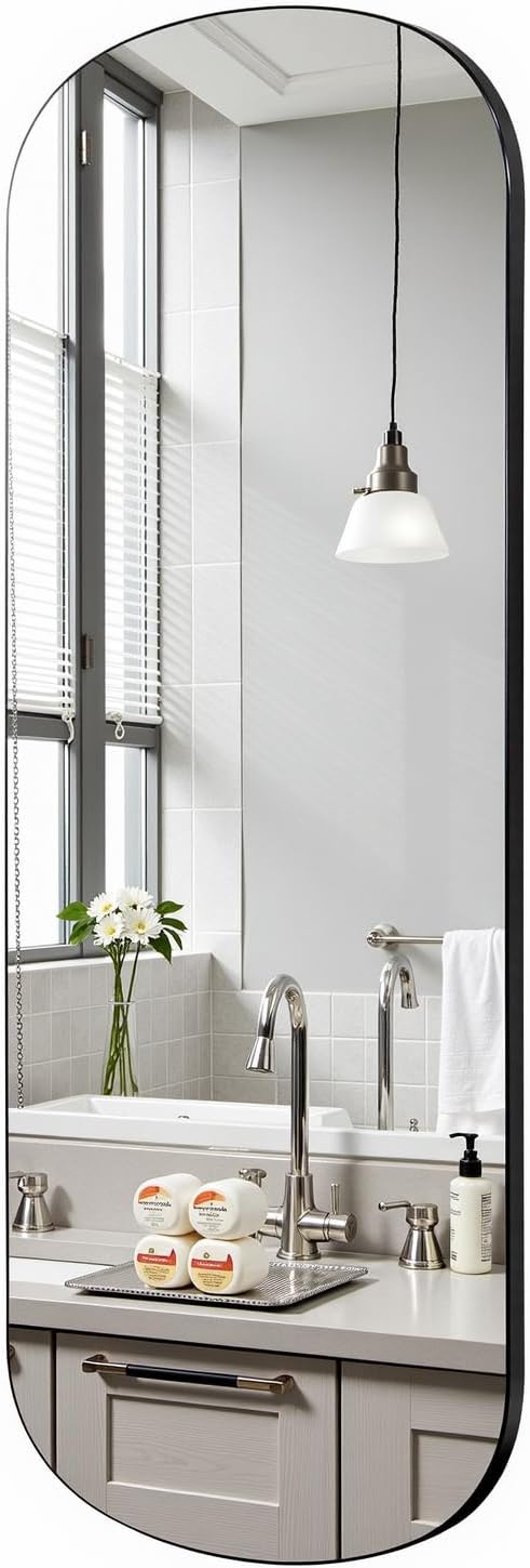 Oval Full Length Mirror 18"x47" Long Wall Mirror for Bathroom Black Oval Full Body Floor Mirror Leaning Against for Dressing Living Room Bedroom Entryway