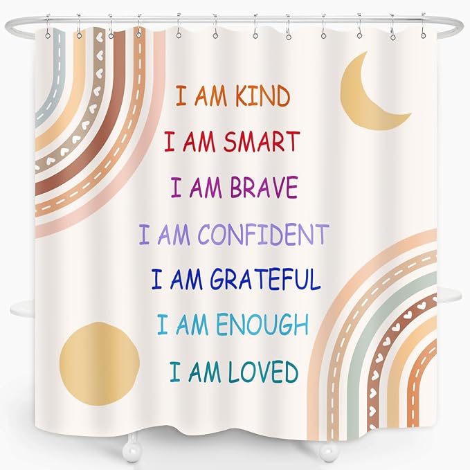 Boho Rainbow Quotes Shower Curtain Colorful Inspirational Positive Kids Teen Girls Abstract Moon Sun Fabric Home Bathroom Decor Waterproof Fabric 72Lx72W Inch with Plastic 12PCS Hooks