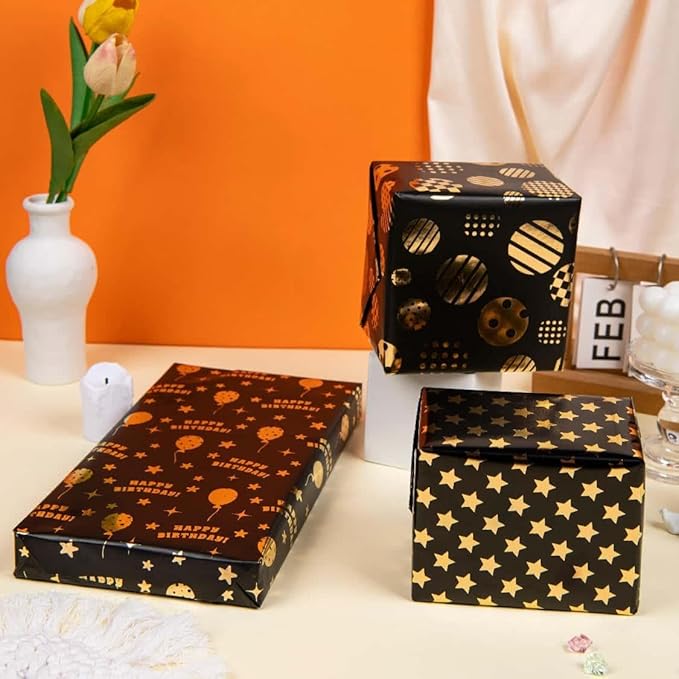 Birthday Wrapping Paper Roll -3 LARGE ROLL-27inch*78 inch per roll Colorful Foil wrapping paper Design for Holiday, Party, Celebration (Birthday 3 Black/Gold（010）)