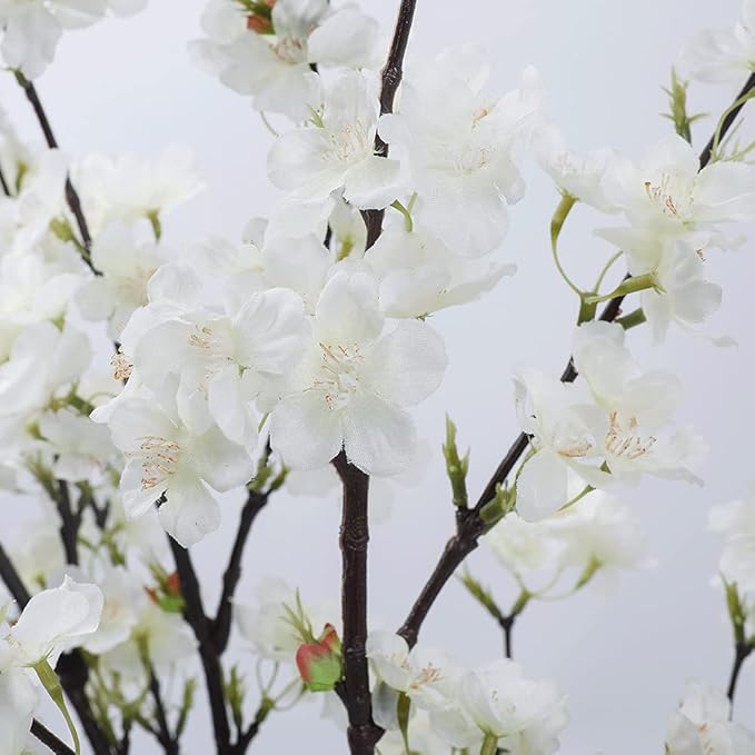 LESING 4pcs Artificial Cherry Blossom Stems,41.4" Realistic Fake Silk Long Stems Artificial Flower Branches for Floor Table Home Wedding Decoration (White-1)