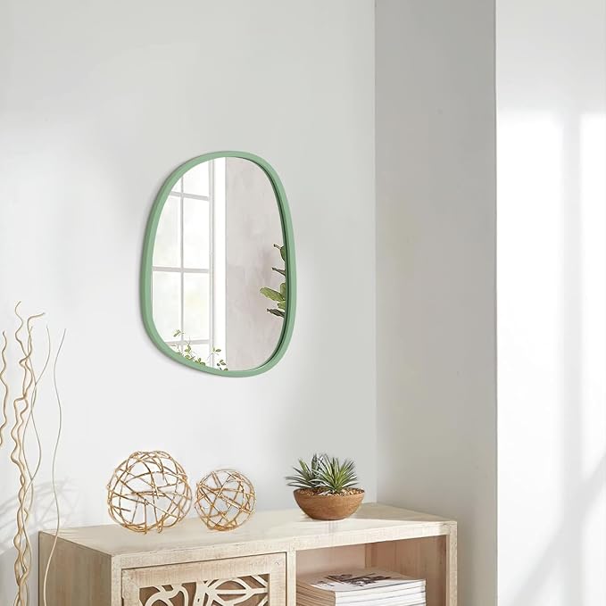 Green Asymmetrical Mirror Irregular Oval Wall Mirror Wood Frame Unique Shape Modern Wall Mounted Vanity Artistic Mirror for Living Room Bedroom Bathroom Entryway Decorative 14"x10"
