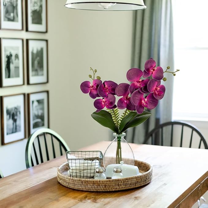 Oairse Purple Orchids Artificial Flowers, Faux Orchid in Glass Vase Real Touch Small Phalaenopsis Orchid Flowers Arrangements with Clear Vase Orchids Centerpiece for Dining Room Table