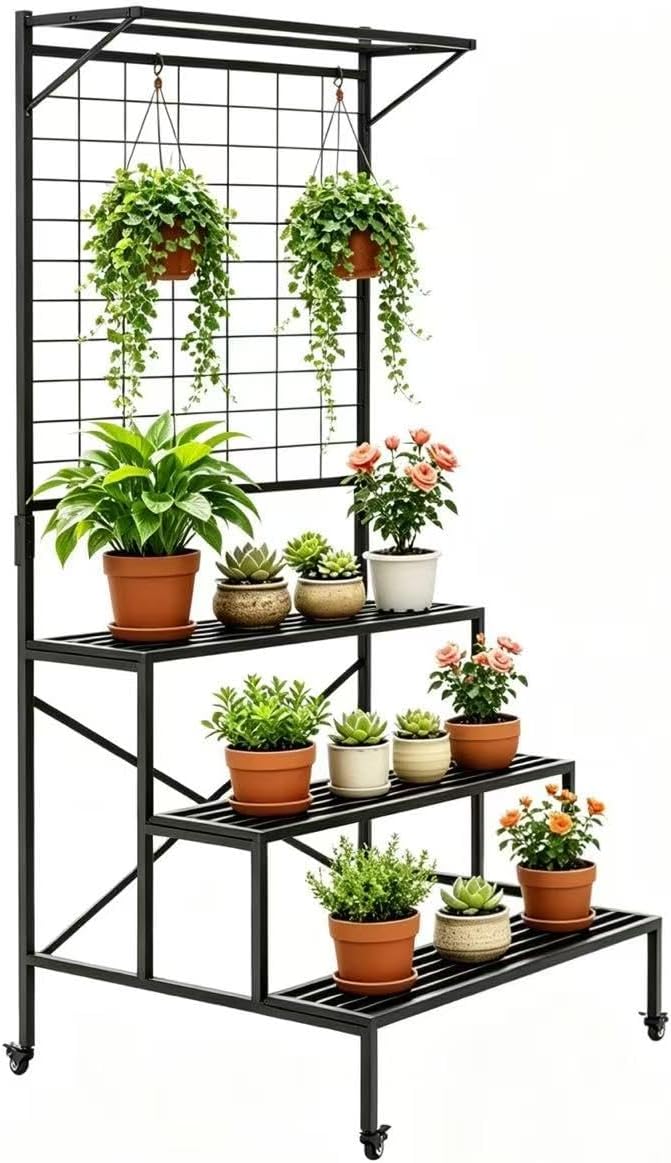 Zhongma 3 Tier Large Heavy Duty Plant Stand with wheels, Tall multi layer Plant Holder with Hanging Plant pot shelf, 35.43 x 33.27 x 80.7inch, Each Tier: 35.43 L x 10.5W, Easy to Hold Large Plant Pot