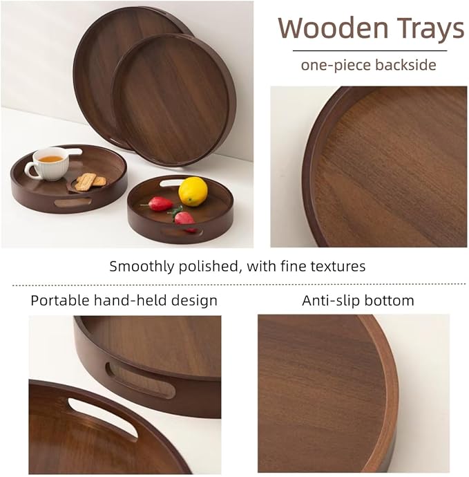 11.8 Inch Rustic Wood Serving Tray with Handles-Small Round, Decorative Tray for Kitchen Living Room Coffee Table Candle Display Breakfast in Bed, Multi-Functional Food & Beverage Tray Farmhouse Style