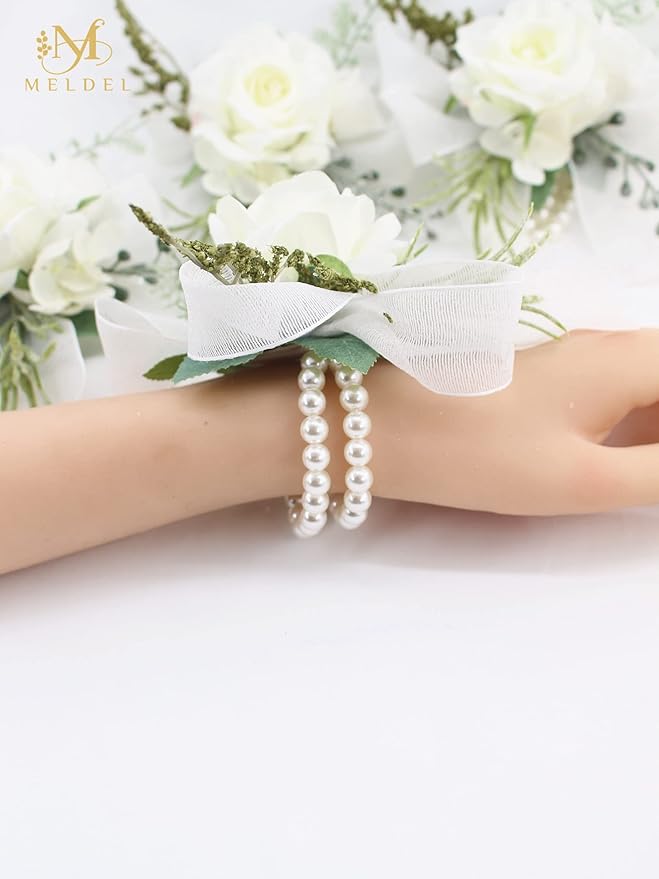 Meldel Wrist Corsage for Wedding, Set of 6, Elegant Artificial White Rose Pearl Wristband Wrist Corsage for Prom Homecoming Party, Perfect Accessories for Bride Bridesmaids, Mother of Bride and Groom
