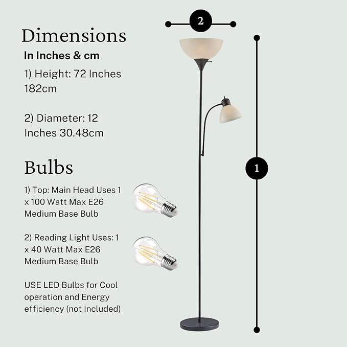 Adjustable Black Floor Lamp with Reading Light, Tall Lamp for Living Room, Bedroom, Office, Susan 72" Standing Lamps for Living Room, Corner Light, Stand Lamp, Floor Lamps for Living Room Modern