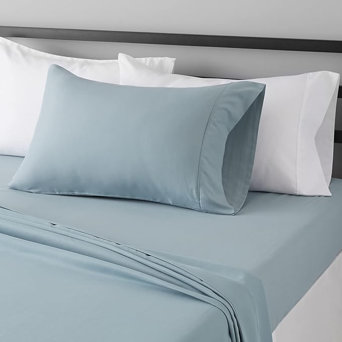 Amazon Basics Lightweight Super Soft Easy Care Microfiber 3 Piece Bed Sheet Set with 14-Inch Deep Pockets, Twin XL, Spa Blue, Solid