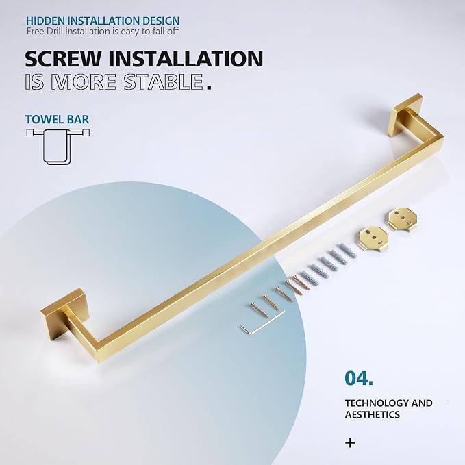 KOKOSIRI 24-Inch Single Towel Bar, Bathroom Kitchen Towel Holder, Wall Mounted SUS304 Stainless Steel Towel Rack, Brushed Gold, B4003BG-L24