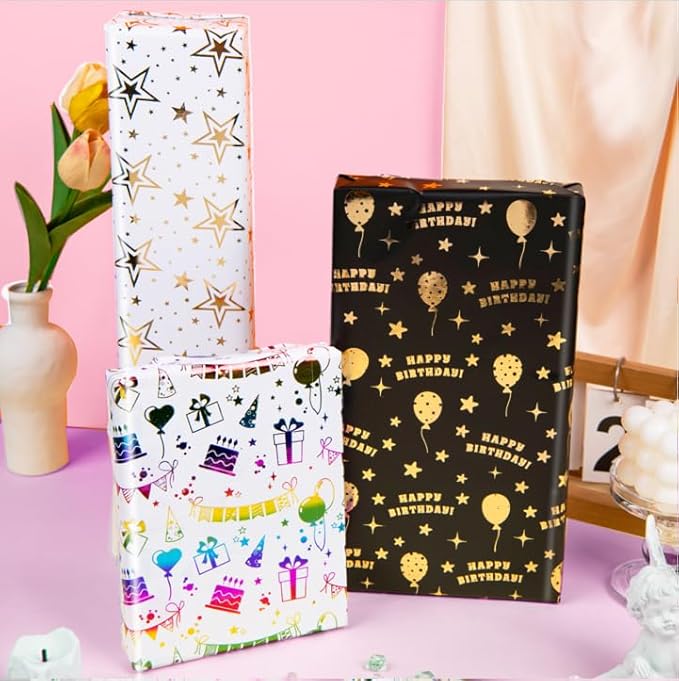 Linnoptimix Birthday Wrapping Paper Rolls -3 LARGE ROLL-27inch*78 inch per roll Colorful Foil wrapping paper (Birthday 1 Black/Gold&1 White/Gold &1White/Colorful Foil（011）)