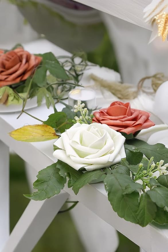 Ivory White Artificial Roses 25pcs, Real Looking Fake Foam Flowers with Stems for DIY Wedding Bridal Bouquets, Centerpieces, Party, Baby Shower, Christmas Decor