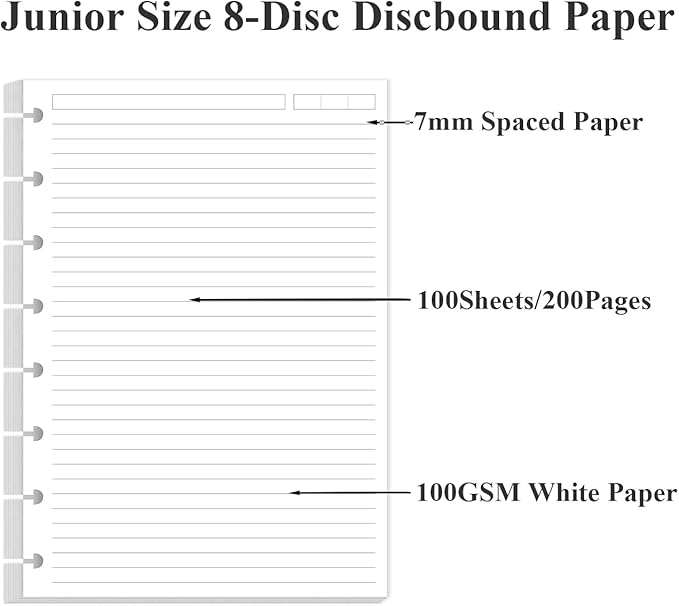 Junior Size Lined Paper Refills - 100 Sheets/200 Pages 8-Disc Refill Paper, 5 Colorful Sheets Dividers, 5.8" x 8.5"