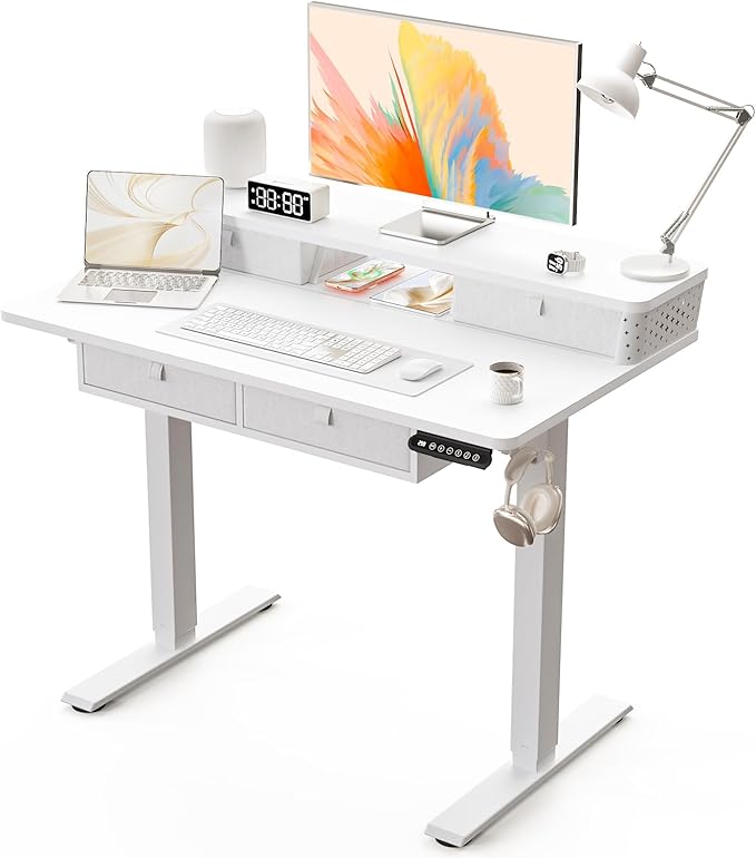Electric Standing Desk with 4 Drawers 40''x 24'' Small Adjustable Height Sit to Stand Up Desk with Storage Shelf, C-Clamp Mount Compatible Black Home Office Desks Computer Desk Ergonomic Workstation