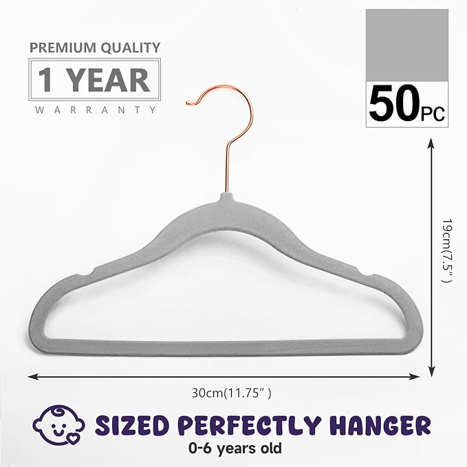 MIZGI Baby Velvet Hangers,Non-Slip Kids & Toddler Hangers,11.8 Inch Hangers for Baby Clothes,Pack of 50(Gray)