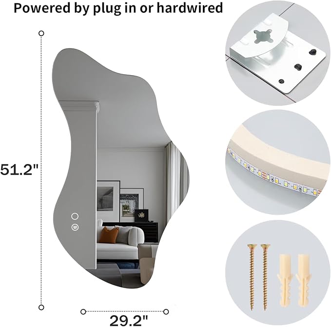 51.2″ Asymmetrical Bathroom Mirror with Lights, LED Irregular Wall Mirror, Abstract Modern Lighted Vanity Mirror for Wall, Anti-Fog, Dimmable, Horizontal/Vertical