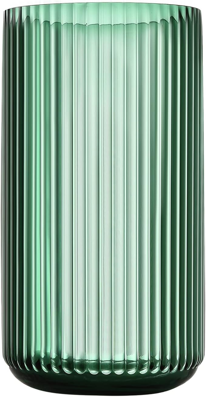 Large Cylinder Ribbed Green Glass Flower Vase for Farmhouse Dining Table Centerpieces Decor