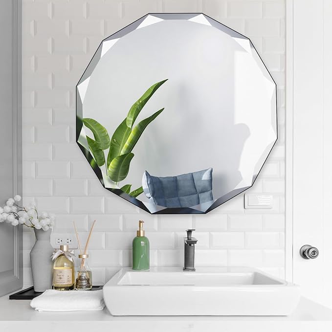 QDSSDECO 24" x 24"Beveled Edge Frameless Wall Mount Mirror, Irregular Shaped, Unique Vanity Mirror, Frameless Wall Mirror for Bathroom, Living Room, Bedroom, Entryway