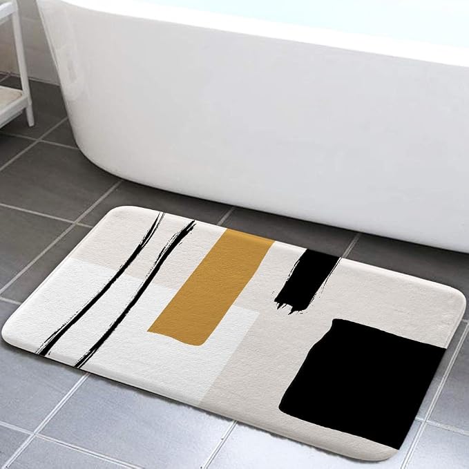 Abstract Modern Bath Mat for Bathroom, Geometric Minimalist Black and White Flannel Floor Rug, Non-Slip Shower Mat, Beige Yellow Tan Doormat, Accessories Decor 17x29inch