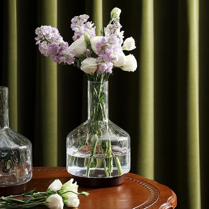 Decorative Glass Vase with Wooden Base, Modern Design for Fresh Flowers, Home and Office Decor