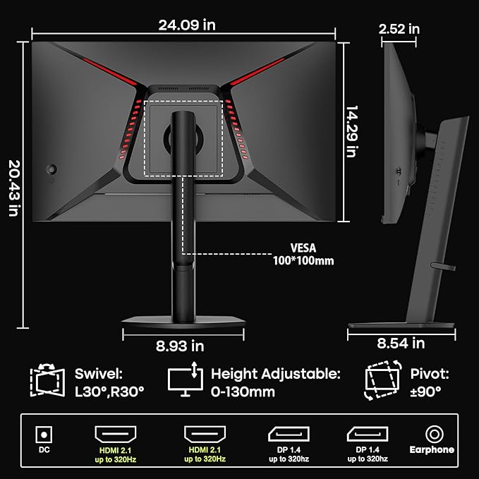 Amzfast 27 Inch Gaming Monitor 320Hz 240Hz WQHD 2560 x 1440p Fast IPS Monitor, 1ms G-SYNC Compatible, HDR400, 135% sRGB, 99% DCI-P3, PIP/PBP, Height Adjustable, HDMI 2.1 x 2&DP 1.4 x 2, G27F6Q MAX