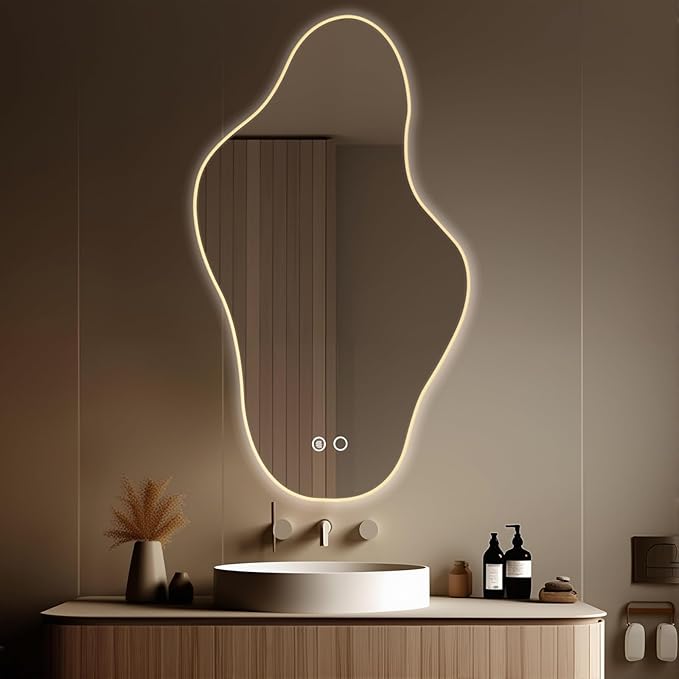 Modern Irregular LED Bathroom Mirror with Lights, Asymmetrical Frameless Smart Lighted Wall Mirror for Living Room Entryway, Large Decorative Makeup Vanity Mirror with Touch Switch(22.5″x39.4″)