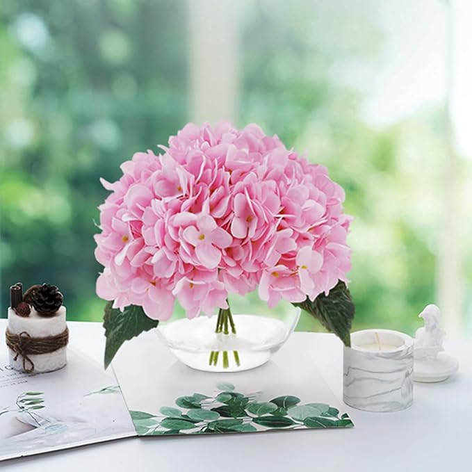 Hydrangea Artificial Flowers with Vase Blue Silk Fake Flowers Arrangements in Glass Vase with Faux Water for Home Decor Indoor (Pink)