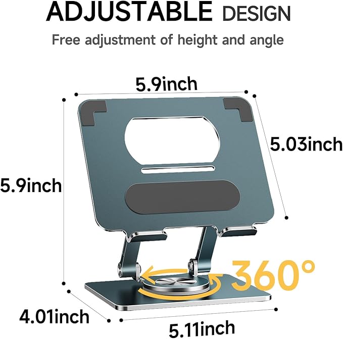 iPad Holder Stand, Tablet Holder with Thickened 360° Rotating Base Dual Rod Adjustable Aluminum Stand for All 4-12.9’’ iPad Surface Samsung Phone Tablet Kindle E-Reader and More, Space Gray