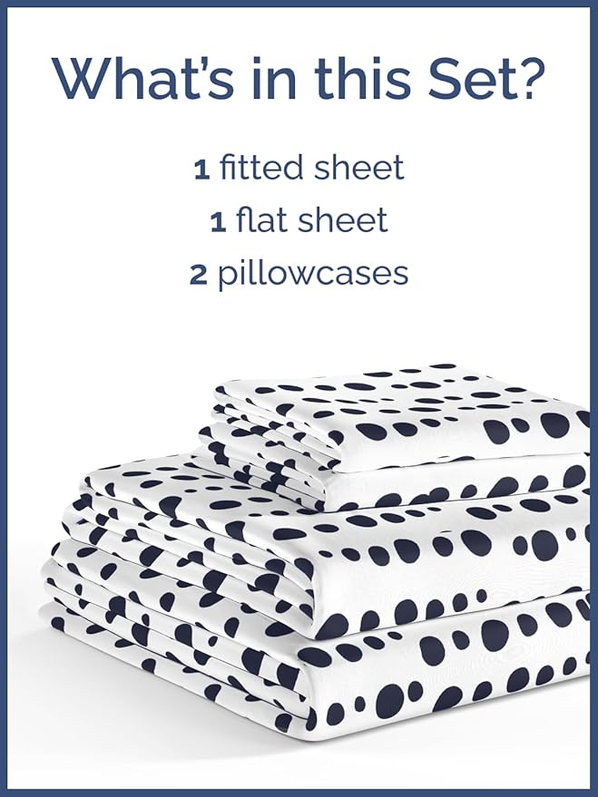 Kids Blue Dots Queen 4 Piece Sheet Set - Boys, Girls, Teens, Toddler - Easy Fit Deep Pockets - Breathable, Hotel Quality Kids Sheets - Machine Washable - Wrinkle Free - Cute, Cozy, Soft - CGK Linens