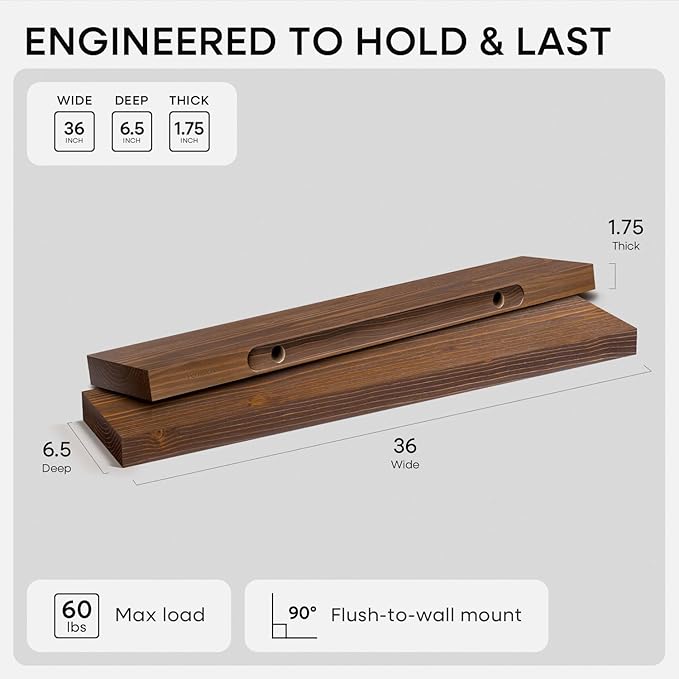 Homeforia Classic Walnut 36 inch Floating Shelf, High End Solid Real Wood Small 36inch Floating Shelves for Wall Mounted, 36in Floating Shelves, Heavy Duty Bracket, 36 X 6.5 X 1.75 inches, Set of 3