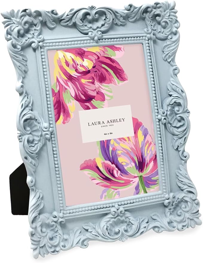Laura Ashley 4x6 Powder Blue Ornate Textured Hand-Crafted Resin Picture Frame w/Easel & Hook for Tabletop & Wall Display, Decorative Floral Design Home Décor, Photo Gallery, Art (4x6, Powder Blue)