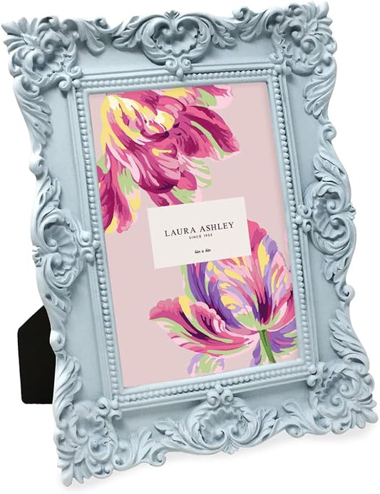 Laura Ashley 4x6 Powder Blue Ornate Textured Hand-Crafted Resin Picture Frame w/Easel & Hook for Tabletop & Wall Display, Decorative Floral Design Home Décor, Photo Gallery, Art (4x6, Powder Blue)