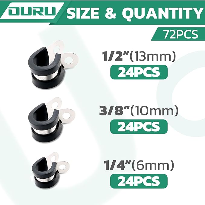 OURU 72PCS Stainless Steel Cable Clamp,Rubber Coated Cushioned Insulated Cable Clamps Assortment Kit-Metal Wire Clamps,Cable Clips,Pipe Clamps