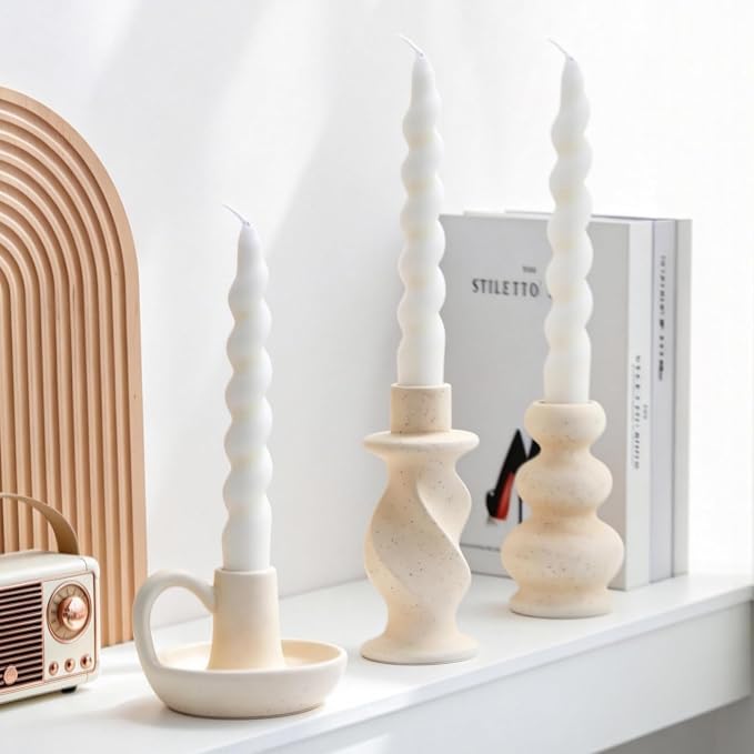 Ceramic Taper Candle Holders Set of 3, Cream White Candlestick Holder Nordic Modern Decorative Candle Stand for Home Decor, Dining Table Centerpiece, Housewarming Gift