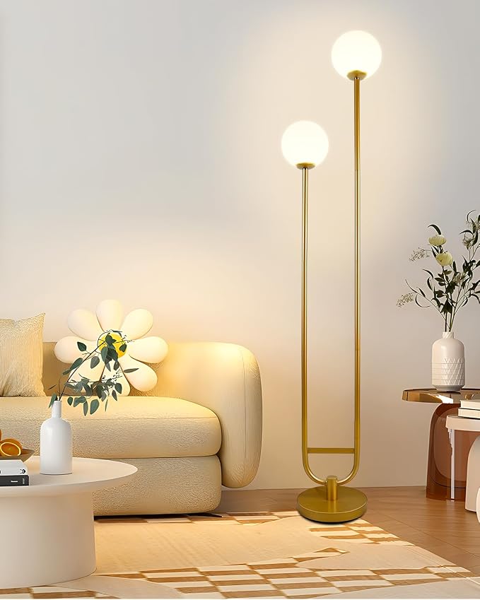 63IN Dimmable Floor Lamp with Shelf, Unique Globe Gold Tall Standing Lamps with 2 Bulbs, 3000K Warmwhite Mid Century Modern Floor Lamp with 5Lbs Heavy Base for Living Room/Bedroom