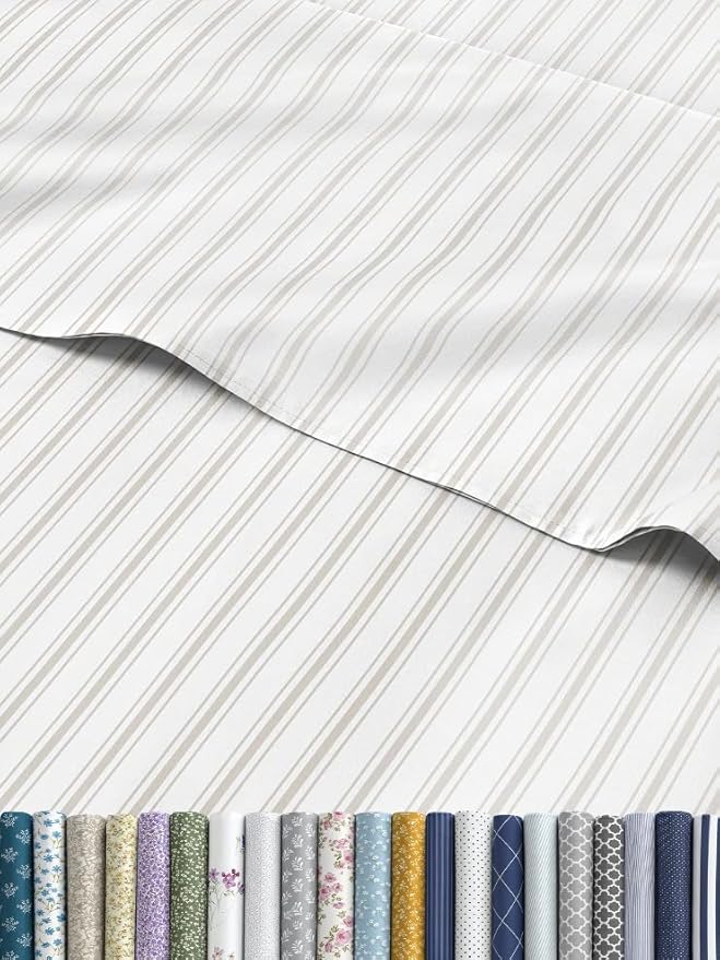 Grey Striped Sheets - 1 Flat & 1 Fitted Sheet & 2 Pillowcases w/ Deep Pockets - Comfy, Cozy, Wrinkle & Fade Resistant - Ultra Soft, Breathable and Cooling - Luxury Pinstripe Bedding - Queen Size