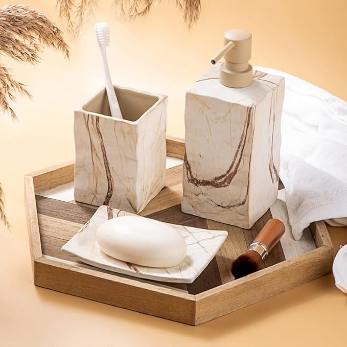 RQYIXI Bathroom Accessories Set 4 Pieces Toothbrush Holder Soap Dispenser Ceramic Bathroom Decor Set Contain Toothbrush Cup Soap Dish Tumbler Marble Brown