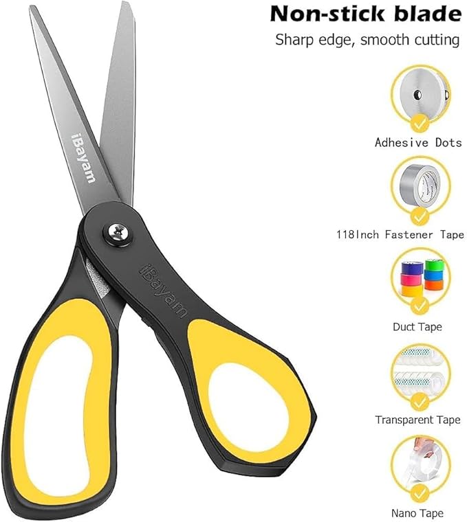 Scissors, iBayam 3 Pack 8" All Purpose Nonstick Scissors, 2.5MM Thickness Titanium Blades with Comfort Grip, Heavy Duty Shears for Office School Home Classroom General Use Art and Craft DIY Supplies