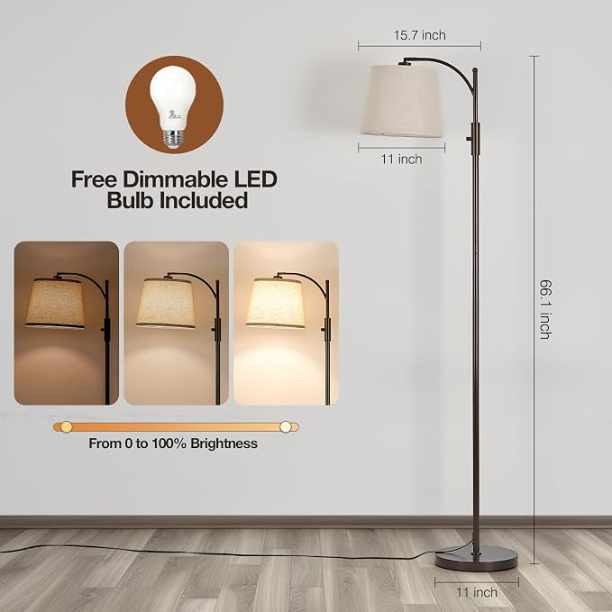 AIDENOEY Fully Dimmable Floor Lamp for Living Room，Standing Lamp Rotary Switch with Linen Beige Shade，Brown Tall Lamps for Bedroom with Adjust Head，9W LED Bulb Included