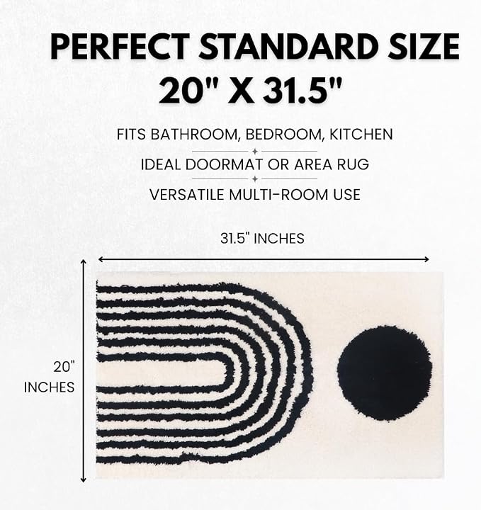 LABEND HOME Boho Bathroom Rug 20”x31.5” - Black and Ivory Abstract Rainbow Arches Bath Mat - Mid Century Modern Geometric Art - Non-Slip Machine Washable - Bohemian Decor Dorm Room Rug
