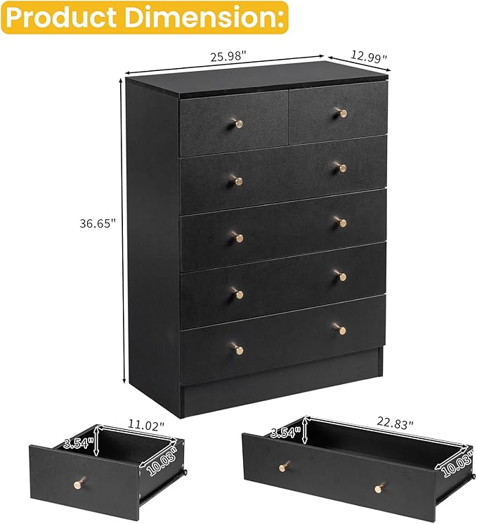 Karl home Black 6 Drawer Dresser for Bedroom, Tall Dresser Chest of Drawers, Wood Bedroom Dressers Clothes Organizer, Anti-Tipping Device, Rose Gold Metal Handle, Living Room, Entryway, Office