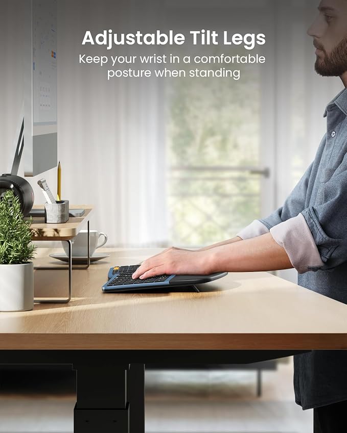 ProtoArc Ergonomic Wireless Keyboard Mouse, EKM01 Plus Full Size Ergo Bluetooth Keyboard Mouse Combo, Split Design, Wrist Rest, Multi-Device, Rechargeable, for Windows/Mac OS - Blue