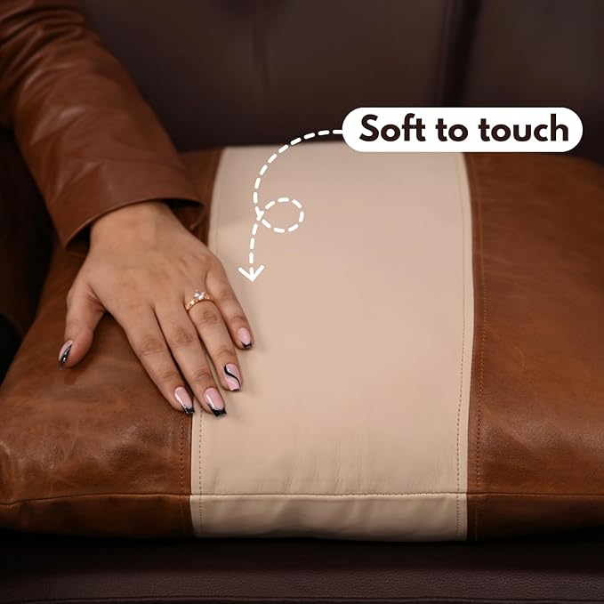D DOLLY LAMB Lambskin Leather Pillow Cover - Sofa Cushion Case - Decorative Throw Covers for Living Room & Bedroom, 16x16 Inches - Tan & Off - White Plain