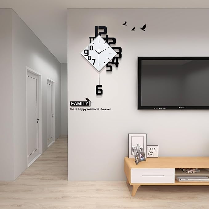 FLEBLE Large Wall Clocks for Living Room Decor Silent Pendulum Battery Operated Non-Ticking for Bedroom Kitchen Office Home 26" Decorative Clock Square White Wood Wall Decor for School Indoor