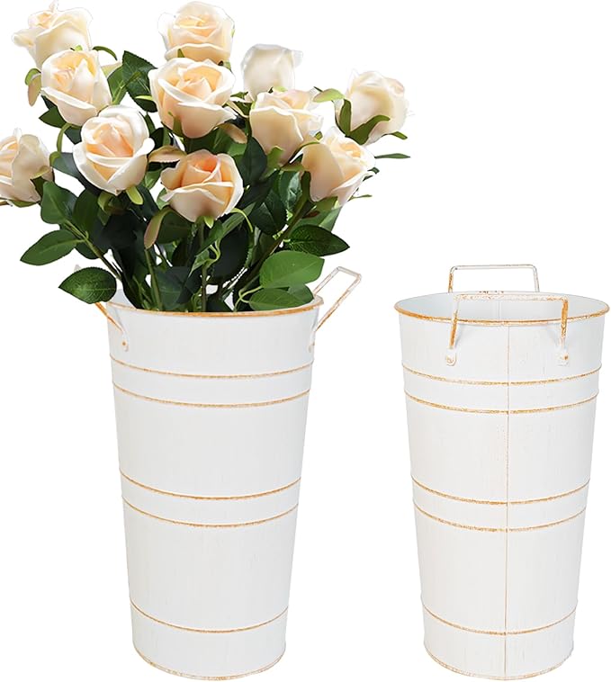 10" Tall Flower Buckets Metal Vase - Pack of 2 Rustic Farmhouse Centerpiece Vases for Table with Handles, Wedding Home Table Decor, Farmhouse White Flower Bar Bucket Holder